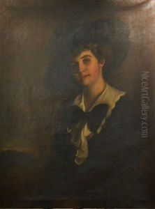 Portrait Of A Fashionable Lady, Head And Shoulders, Wearing A Wide Brimmed Black Hat, White Collar And Black Bow Tie At Her Neck by Gerard Barry