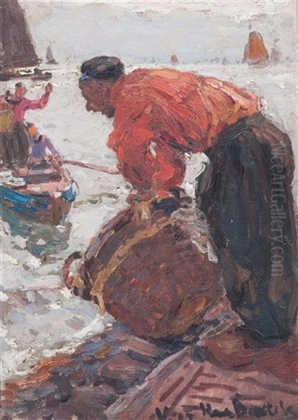 Fisherman On Shore Calling To Rowboat - view 1