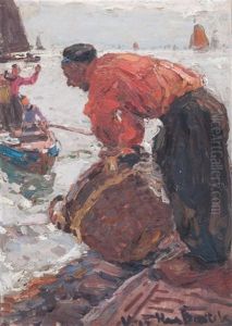 Fisherman On Shore Calling To Rowboat