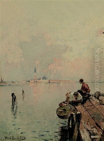 Fischerjungen Auf Einem Holzsteg Vor Venedig - view 1