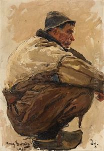 Oil Study Of A Crouching Fisherman Oil Study Of A Crouching Fisherman