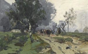 Bauer Mit Kuhherde Auf Einer Landstrasse Bauer Mit Kuhherde Auf Einer Landstrasse