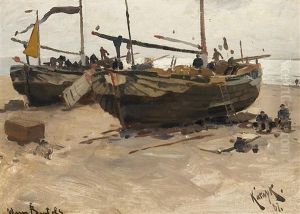 Aufliegende Boote Am Strand Von Katwijk by Hans Von Bartels