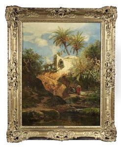 Italienische Landschaft. Im Schatten Eines Baumes Zwei Frauen Im Gesprach An Einem Brunnen by Hans Von Bartels