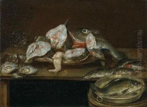 Stillleben Mit Karpfen,flussbarschen, Hecht, Kabeljau Und Austern by Alexander Adriaenssen