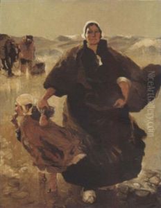 A Dutch Fisherwoman With A Child On The Beach
