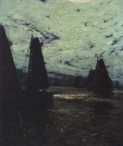 Volendam Vessels Sailing At Dusk by Hans Von Bartels