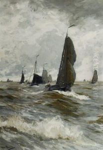 A Fishing Fleet In A Stiff Breeze On Teh Zuiderzee by Hans Von Bartels