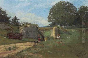 Sommerlandskab Med Figurer Og Lobende Hund Sommerlandskab Med Figurer Og Lobende Hund