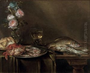 Roses And An Iris In A Glass Vase by Alexander Adriaenssen