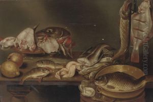 A Lemon, Peach, Fish Heads On A Plate, A Pike And Flatfish On A Hook And Eels, All On A Wooden Table by Alexander Adriaenssen