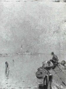 The Venetian Lagoon With Two Boys On A Jetty