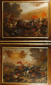" Scene Di Battaglia " Coppia Di Oli Su Tela ( Cm. 111x144) In Cornici Dell'epoca by Vincent Adriaenssen