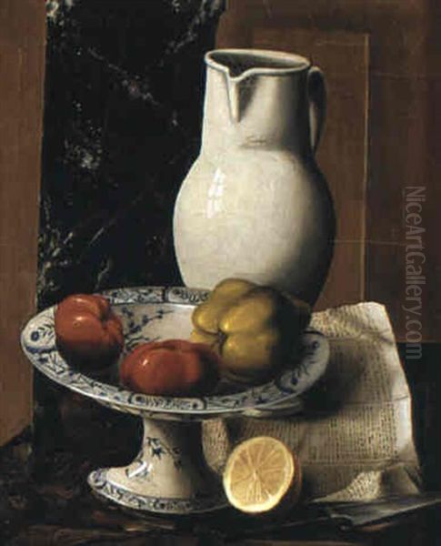 Nature Morte Med Vit Kanna Och Frukter - view 1