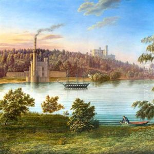 Ansicht Des 'schlosses Babertsberg Bei Potsdam', Heute Babelsberg In Potsdam, Blick Uber Die Havel Auf Das Schloss Im Gleichnamigen Park Mit Dem Dampfmaschinenhaus Im Vordergrund by Johann Wilhelm Gottfried Barth
