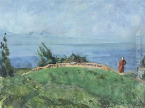 Sommerlandschaft Am Genfersee Mit Frau In Rotem Kleid Sommerlandschaft Am Genfersee Mit Frau In Rotem Kleid
