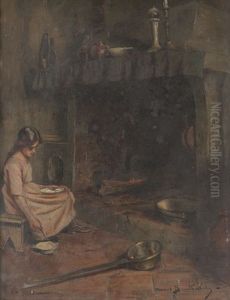 Jeune Fille Devant La Cheminee by Marius Barthalot