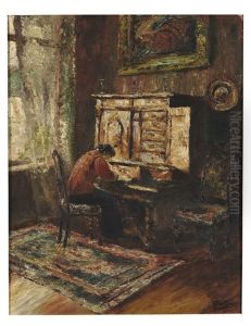 Interieur Mit Dame Am Schreibtisch Vor Geoffnetem Kabinettschrank