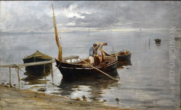 Figures Inspecting Nets Aboard A Small Wooden Fishing Boat - view 1