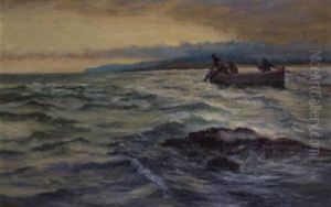 Fishermen Drawing In Nets At Dusk by William H. Bartlett