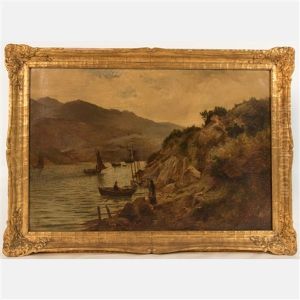 River Landscape With Figures And Boats by William Henry Bartlett