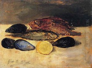 Natura Morta Con Pesci, Cozze E Limone by Giovanni Bartolena