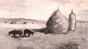 Campagna Livornese Con Pagliai E Cavalli by Giovanni Bartolena