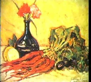 Natura Morta Con Carote E Vaso De Fiori