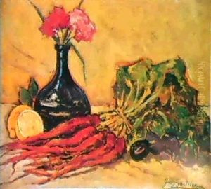 Natura Morta Con Carote E Vaso Di Fiori by Giovanni Bartolena