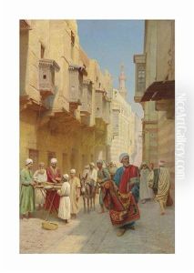 A Cairo Street Scene, With A Khubz Bread Seller, A Rug Merchant And A Water Seller by Filippo Bartolini
