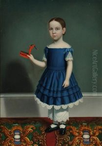 Portrait Of A Child Wearing A Blue Dress, Holding A Tinware Toy Pump by William Thompson Bartoll