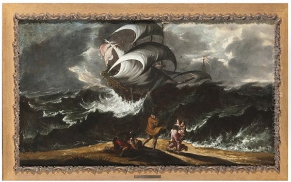 Mare In Tempesta Con Veliero E Personaggi Sugli Sogli - view 1