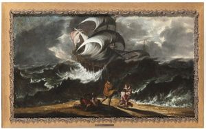 Mare In Tempesta Con Veliero E Personaggi Sugli Sogli Mare In Tempesta Con Veliero E Personaggi Sugli Sogli