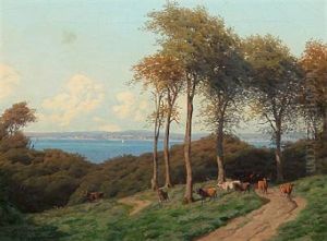 Summer Day, A Shepherd With His Cows, In The Background View To The Sea by Carl Frederik Bartsch