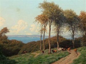 Summer Day With A Shepherd With His Cows, In The Background View To The Sea by Carl Frederik Bartsch