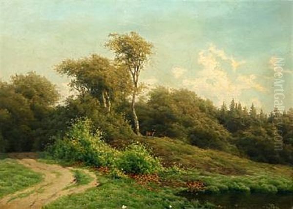 Landscape At The Edge Of The Forest With Deer On A Hill - view 1