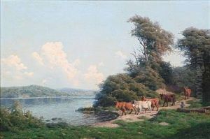 Summer Day With A Shepherd With His Cows At A Coast by Carl Frederik Bartsch