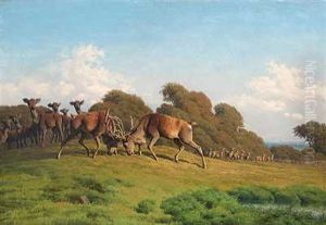 Et Par Stangende Kronhjorte Pa En Slette I Dyrehaven by Carl Frederik Bartsch