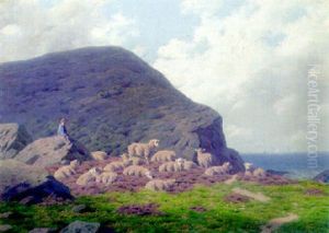Sheep Resting On A Clifftop by Carl Frederik Bartsch