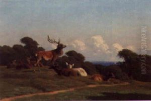 A Stag And Deer On A Hilltop With The Sea Beyond