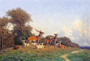 Kronhjorte Med Deres Hinder Ved Et Dyrehavehegn by Carl Frederik Bartsch
