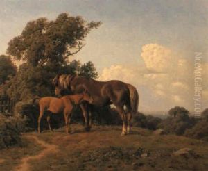 A Mare And Foal In A Landscape by Carl Frederik Bartsch