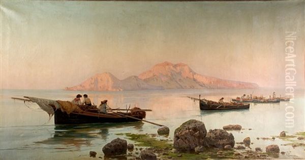 Fisherman In The Bay Of Naples With Capri In The Rear Ground - view 1