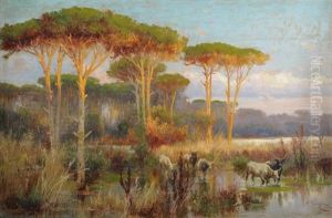 Wasserbuffel In Der Romischen Campagna by Pietro Barucci