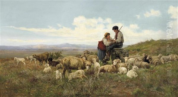 Junges Hirtenpaar Mit Ihren Schafen In Der Romischen Campagna - view 1