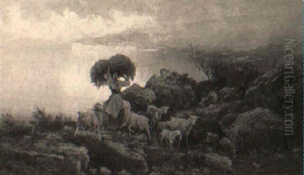 A Shepherdess With Goats On A Rocky Path - view 1