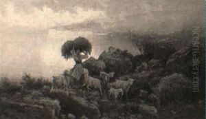 A Shepherdess With Goats On A Rocky Path by Pietro Barucci