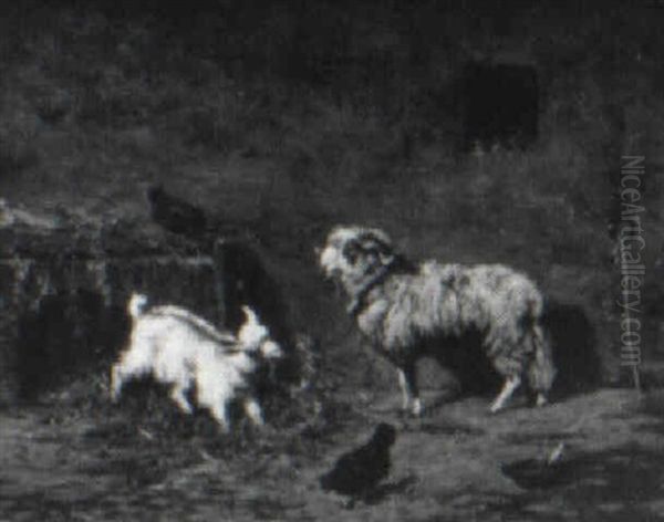 Sheep, Chickens And Goat In Barnyard - view 1