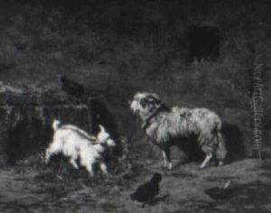 Sheep, Chickens And Goat In Barnyard by Pietro Barucci