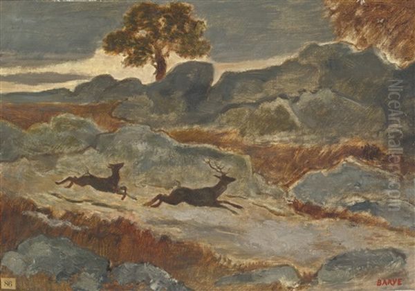 Stag And Doe In Flight - view 1